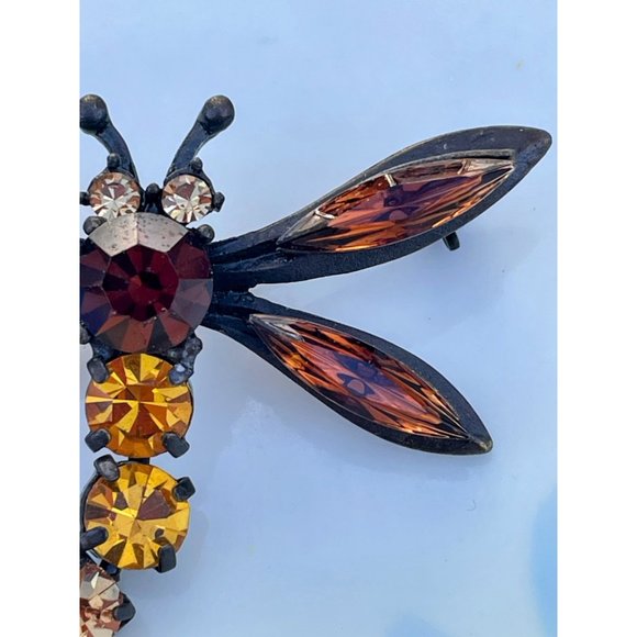 Vintage Brooch Articulated Dragonfly Brown Orange Rhinestones - Picture 6 of 10